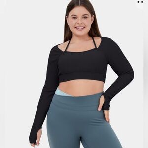 Ribbed halter strap thumb hole plus sized cropped yoga sports bra top size 2X